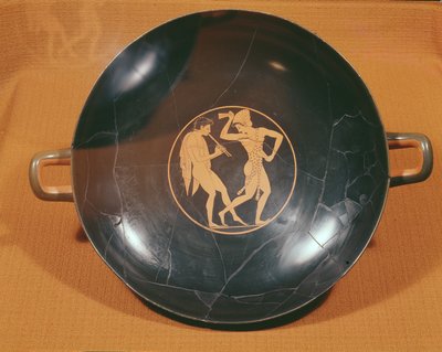 Kylix depicting a flute player and a dancer by Greek